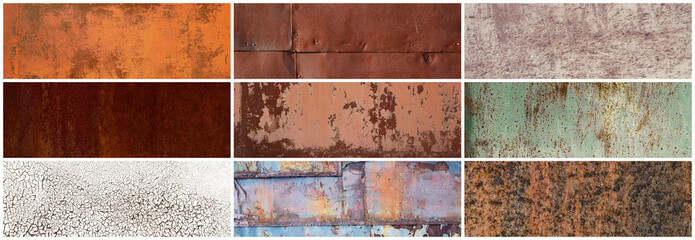 Set of old rusty metal textures. Collection of panoramic backgrounds for design. Rough dirty metal surface with rust.