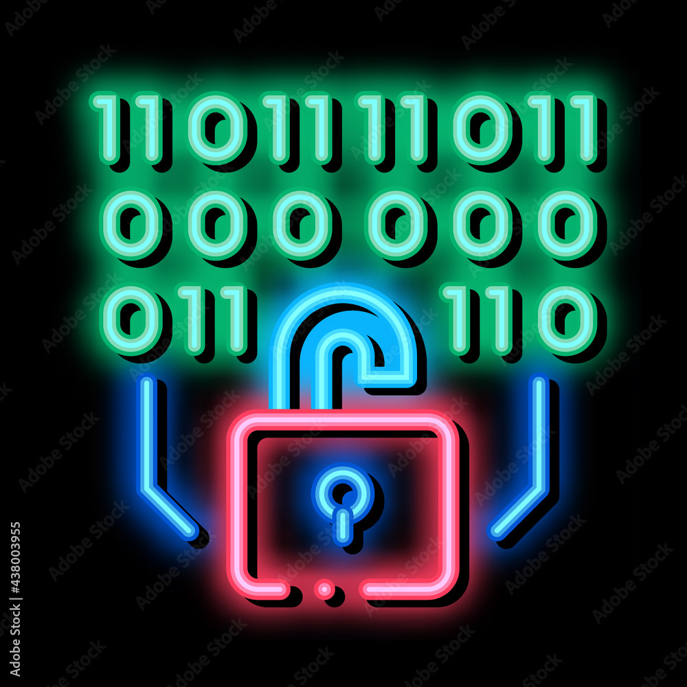 Wall mural binary security code neon light sign vector. Glowing bright icon binary security code sign. transparent symbol illustration