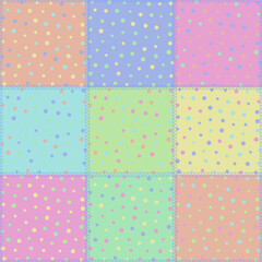Seamless polka dot pattern on multi-colored background. Patchwork, for design, printing on textiles and paper.