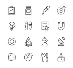 Science and technology object icons collection. Simple black line design.