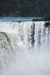 Close-up of the Devil's Throat at the Iguazu Falls. Birds swifts or vencejos flying below