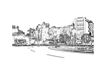 Building view with landmark of Funchal is the capital city of Portugal. Hand drawn sketch illustration in vector.