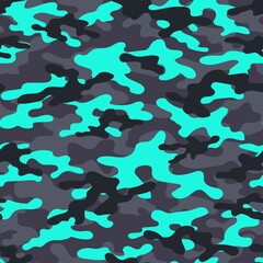 Abstract blue seamless military camo texture for print. Forest background. Vector