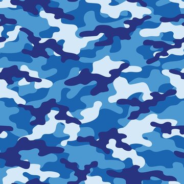Abstract seamless military blue camo texture for print. Forest background. Vector