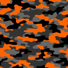 Abwaschbare Tapeten Tarnmuster Abstraktes nahtloses Tarnmuster zum Drucken von Kleidung, Stoffen. Armee orange Hintergrund. Vektordesign.