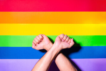 Hand fist with lgbt flag background. Lgbt pride concept. Gender equality concept. Pride flag with fist. Lgbt power concept