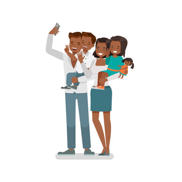 Happy family character vector design. Parents and children taking a selfie.