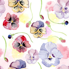 Beautiful seamless floral pattern with watercolor gentle colorful summer pansy flowers. Stock illustration.
