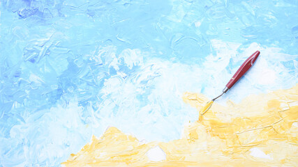 Ocean acrylic painting with palette knife on canvas with blue and turquoise. Golden sand on beach with trowel texture technic. Water splash art hand paint.  Summer .