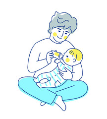 赤ちゃんにミルクを飲ませるパパ