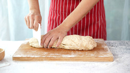 Whole wheat bread from homemade whole grain dough made by woman with red apron. Healthy pastry with many grains.