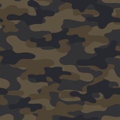 Camouflage seamless pattern. Trendy style camo, repeat print. Vector illustration. Khaki texture, military army brown hunting