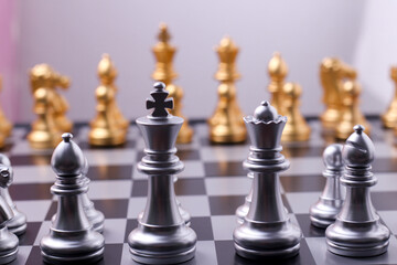 Chess, game of chess or boardd game with many type and charactor. Gold and silver chess. Compeitition on business and education. Strategy concept