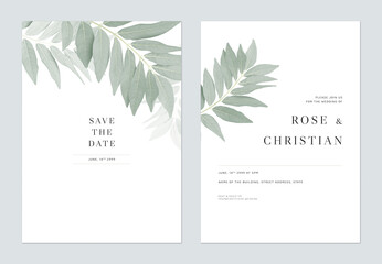 Foliage wedding invitation card template design, green leaves on white