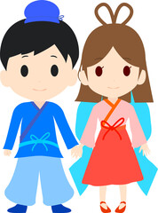 かわいい七夕の短冊と織姫彦星