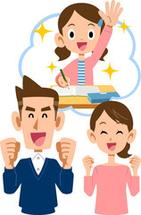 成績優秀な女の子と笑顔の両親の上半身イラスト
