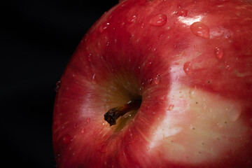Close up wet red apple with water drops on black background