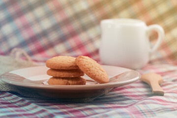 Round sweet cookies. Delicious dessert with high sugar and carbohydrate suitable for eating with milk and tea or coffee on color and white background with colorful placemat