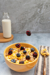 Breakfast with granola cereal and fruits