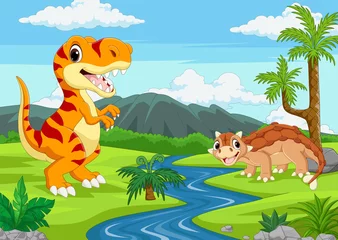 Photo sur Plexiglas Chambre denfants Dessin animé deux dinosaures dans la jungle