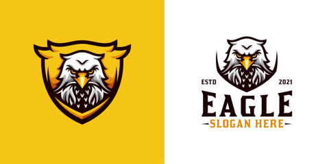 awesome head eagle mascot logo with shield for your brand, team, sport and gaming logo e sport