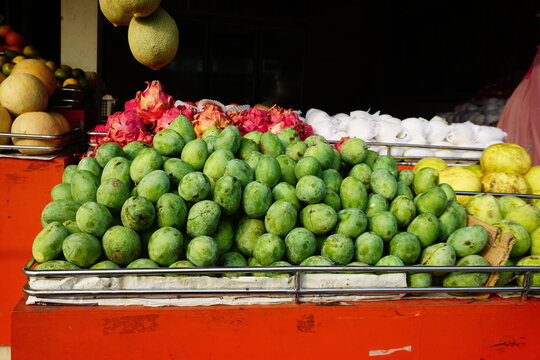 Pile of fruits on the table in the traditional Indonesian market