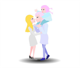 Illustration family concept. Woman and man stand looking at each other as a couple. Girl riding on father's back.