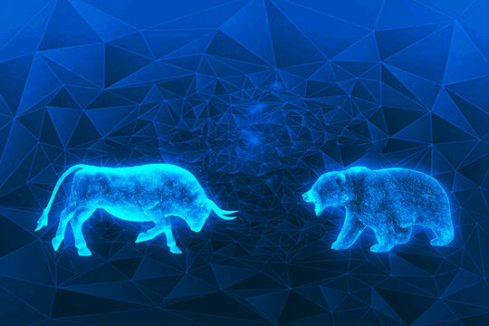 concept of stock market exchange or financial technology,3d rendering polygon bull and bear with futuristic element