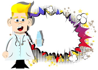 Funny cartoon doctor holding a glass of water. Vector illustration. Health care worker with  a bottle.