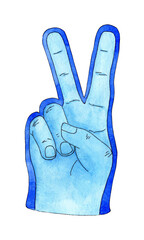 Watercolor illustration of a blue cheerleader glove. Number one is the fan glove. Support Group. Root for your favorite team. Speed, experience, attack. Isolated over white background.