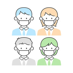 マスクをする男性と女性　Illustration of men and women wearing masks. 