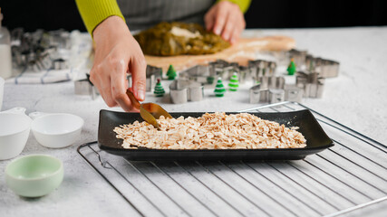 Green ginger bread cookies homemade cooking for Christmas traditional dessert. Kids and family love to prepare to make dough and bake them. Green tea cookies