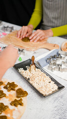 Green ginger bread cookies homemade cooking for Christmas traditional dessert. Kids and family love to prepare to make dough and bake them. Green tea cookies