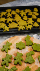 Green ginger bread cookies homemade cooking for Christmas traditional dessert. Kids and family love to prepare to make dough and bake them. Green tea cookies