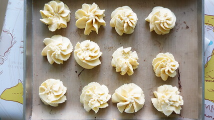 Soft bread cookies homemade, traditional dessert.  Preparation to make dough and bake them for brown baked cookies recipe.