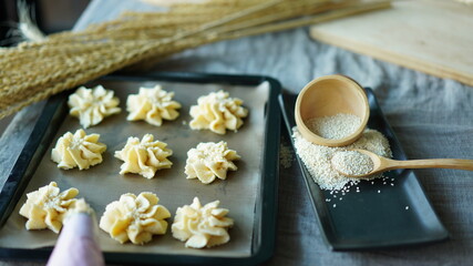 Soft bread cookies homemade, traditional dessert.  Preparation to make dough and bake them for brown baked cookies recipe.