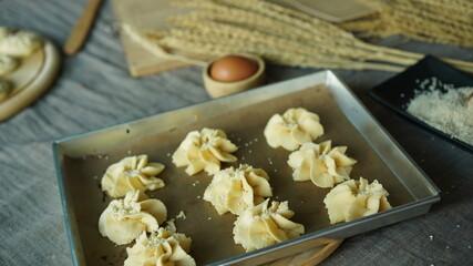 Soft bread cookies homemade, traditional dessert.  Preparation to make dough and bake them for brown baked cookies recipe.