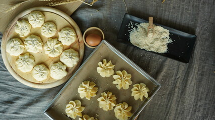 Soft bread cookies homemade, traditional dessert.  Preparation to make dough and bake them for brown baked cookies recipe.