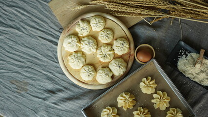 Soft bread cookies homemade, traditional dessert.  Preparation to make dough and bake them for brown baked cookies recipe.