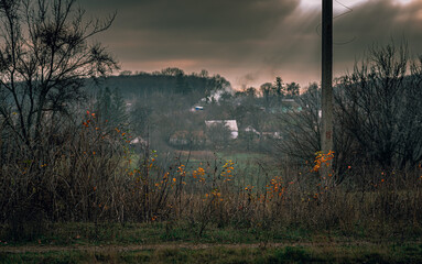Fields, forests and roads in autumn