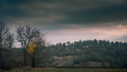 Fields, forests and roads in autumn