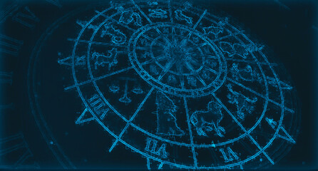 Light symbols of zodiac and horoscope circle, Aries Zodiac Sign - obrazy, fototapety, plakaty