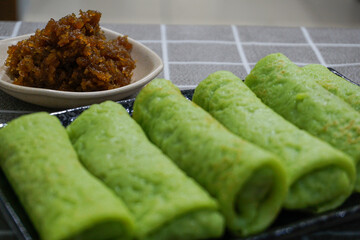 Malaysia popular sweet dessert, Kuih Gulung or Kuih Ketayap. Ramadan, breakfast