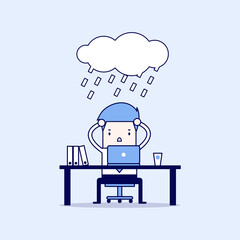 Businessman strain with rain cloud on his head. Cartoon character thin line style vector.