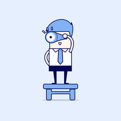 Businessman with binoculars, vision concept. Cartoon character thin line style vector.