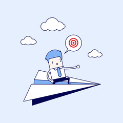Businessman flying on paper plane and pointing to success. Cartoon character thin line style vector.