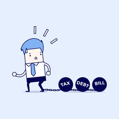 Businessman dragging chains and big ball, Debt Tax and Bill burden concept. Cartoon character thin line style vector.