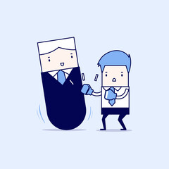 Businessman punching manager tumbler doll. Cartoon character thin line style vector.