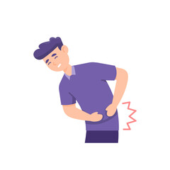 the facial expression of a man holding back pain in the stomach or waist. suffering from stomach diseases, ulcers, cramps. holding the stomach or waist. flat style. people vector illustration design