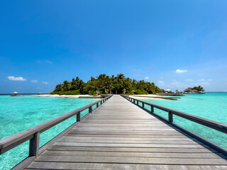Fototapeta premium Maldives paradise scenic landscape. Seascape with water bungalows, turquoise sea and lagoon waters, tropical nature. Exotic tropical island beach background. Romantic holiday & honeymoon destination.